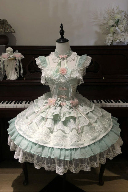 Emerald Rain of Peaches Sleeveless Bowknot Lace Chinese Lolita JSK