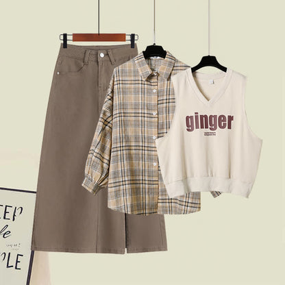 Denim Split Letter Lapel Plaid Skirt Print Vest Shirt