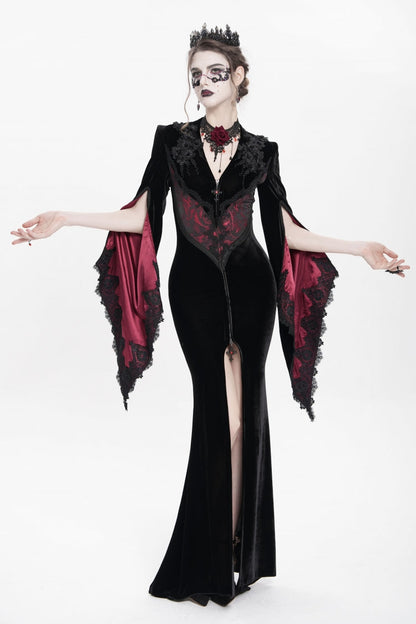 Trumpet Sleeve Floral Embroidered Velvet Gothic Dress
