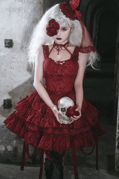 Weeping Rose Double-Layer Ruffle Embroidered Bow Lace Gothic Ballet Set
