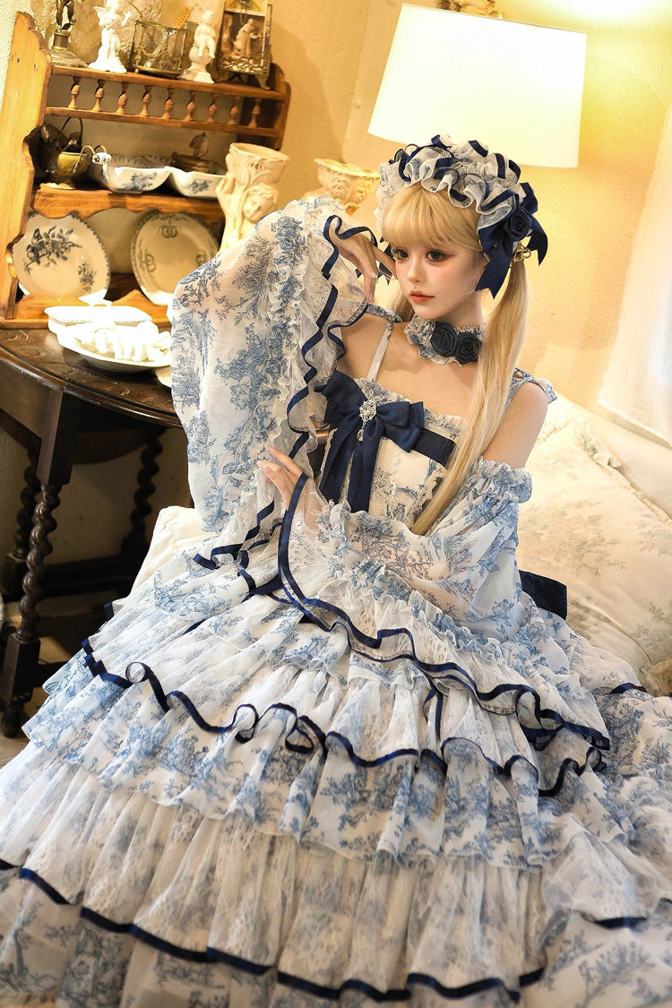 Blue White Sleeveless Multi-Layered Print Bowknot Fishbone Sweet Classic Chinese Style Lolita Jsk Long Dress