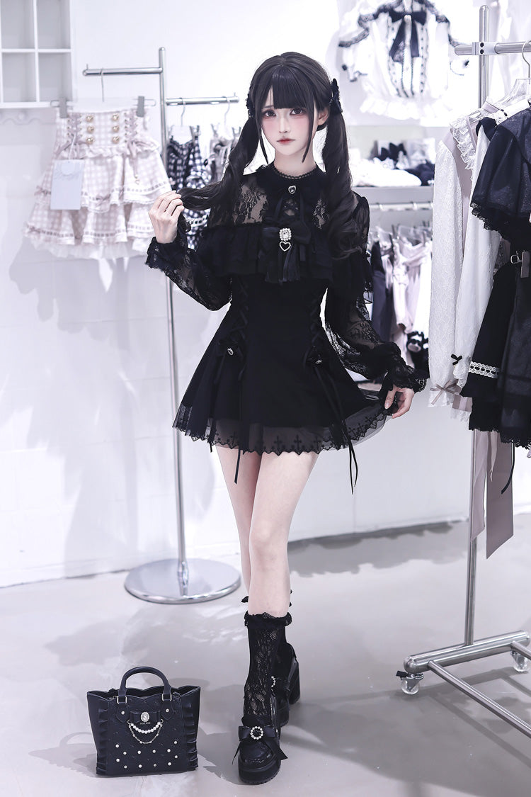 Lace Doll Round Collar Long Sleeves Ruffled Cut-Out Embroidered Bow Lace Gothic Jirai Kei Japanese Dress