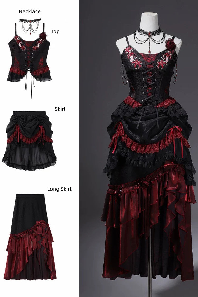 Rotten Bone Flower Lolita Skirt Set with Lace-Up Details - Noir