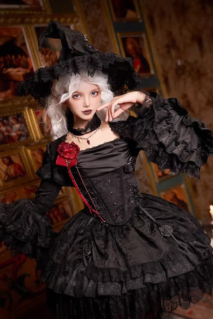 Gothic Lolita Skirt with Multi-Layered Jacquard and Ruffled Witch Design