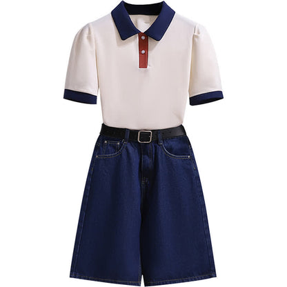 Lapel Shorts T-Shirt Colorblock Denim Belted