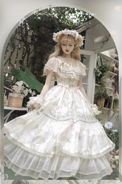 Multicolor Daisy Poetry Print Ruffle Lace JSK Dress