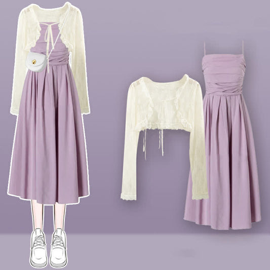 Ensemble robe violette à volants et cardigan en dentelle