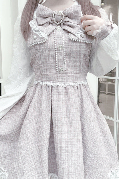 Grey Pink Bow Lace Pearl Sweet Dress