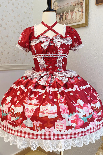 Red Strawberry Parfait Print Short Sleeve Ruffle Bow Lace Lace-Up Sweet Lolita Dress