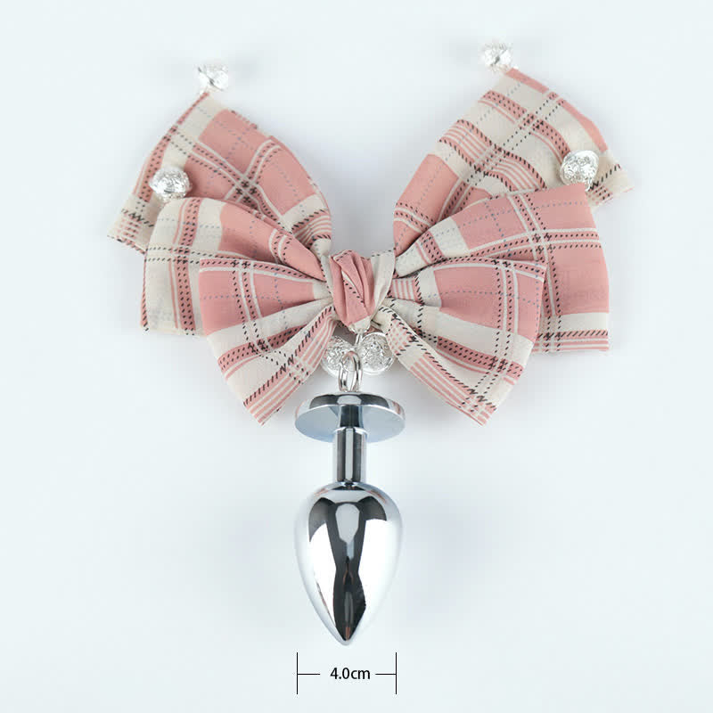 Pink Plaid Bowknot Bell Choker Anal Plug SM Accessories