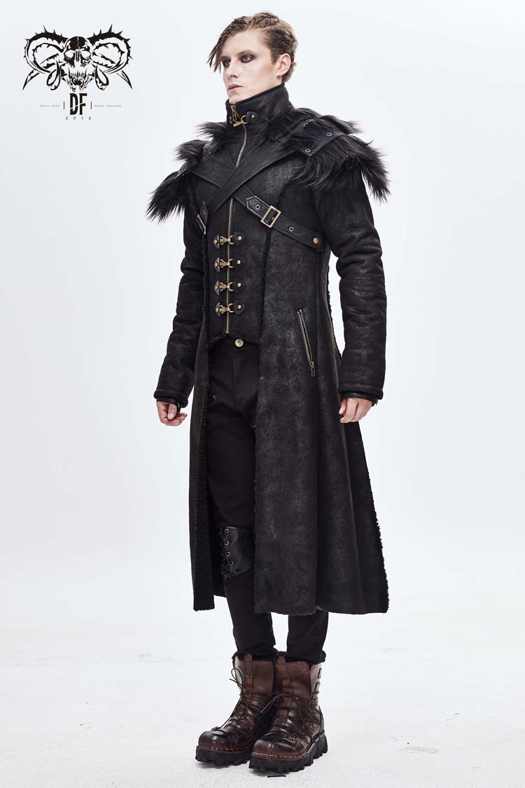 Men's Punk Coat with Fur Cape and Metal Hasp