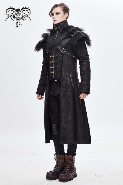 Men's Punk Coat with Fur Cape and Metal Hasp