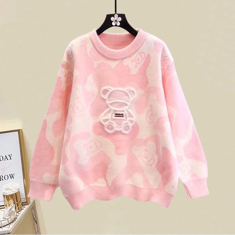 Sweater Bear Cartoon Print Set Split Skirt