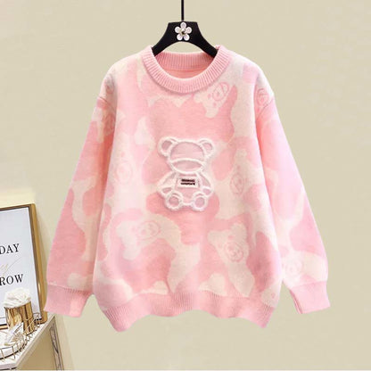 Sweater Bear Cartoon Print Set Split Skirt