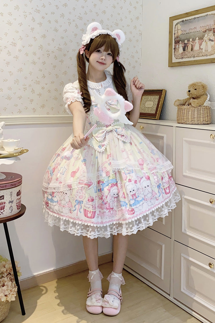 Golden Rabbit Print Ruffled Bow Lace Sweet JSK Attire