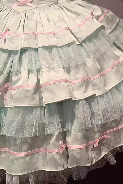 Green Triple Ruffle Bow Lace Ballet JSK Dress
