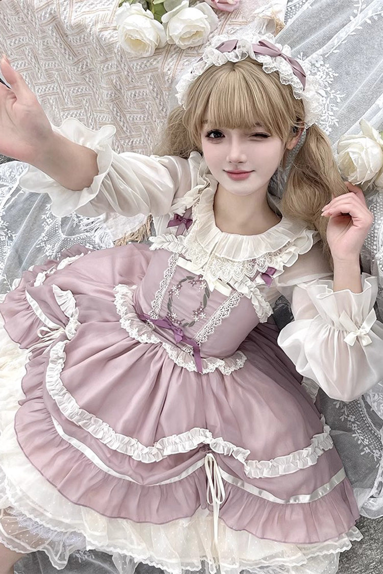 Pink Floating Light Dance Multi-layer Ruffle Embroidery Bowknot Lace Sweet Lolita Jsk Dress