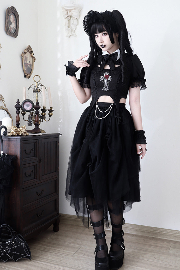 Black Rose Embroidered Gothic Lolita Dress Set with Cutout Top