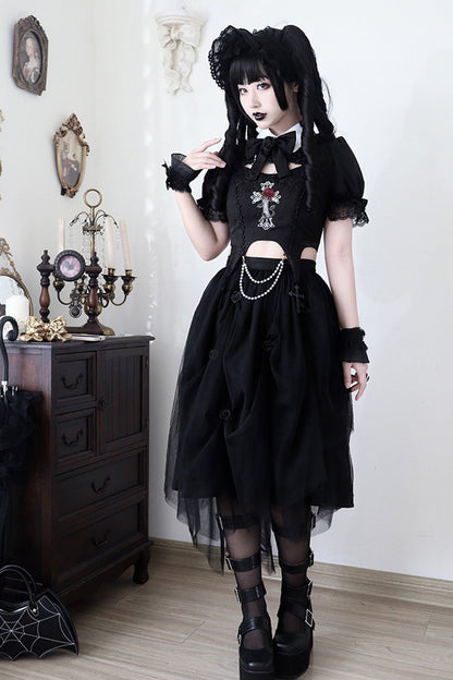 Black Rose Embroidered Gothic Lolita Dress Set with Cutout Top