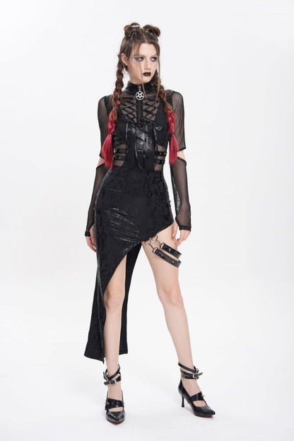 Stand Collar Long Sleeve Stitching Lace-Up Mesh Punk Dress