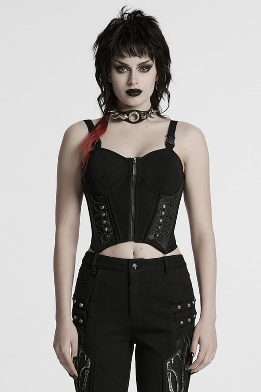 Studded Lace-Up Sleeveless Punk Gilet with Buckles - NoirEdge
