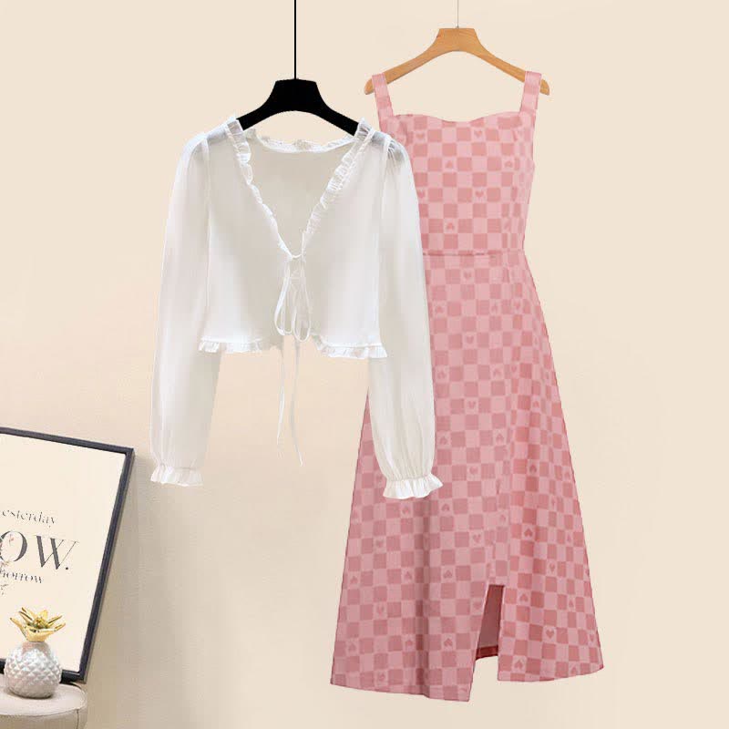 Print Slip Cardigan Lattice Pink V-neck Dress Set