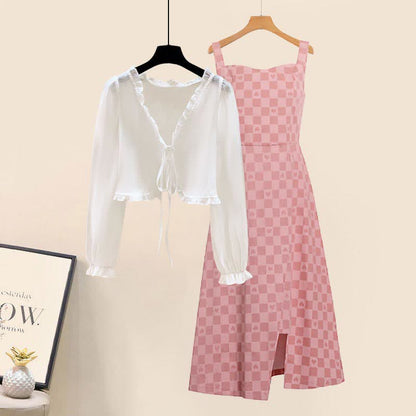 Print Slip Cardigan Lattice Pink V-neck Dress Set