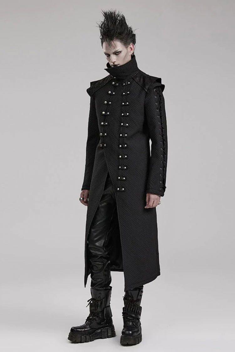 Men's Gothic Long Coat with Horizontal Stripes Eyelet String Side Detail