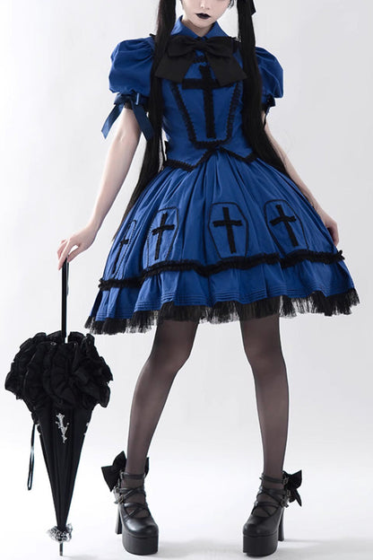 Blue Cross Short Puff Sleeves Two-Piece Gothic Lolita Dress