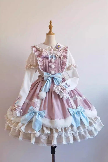 White and Pink Little Fox Multi-Layer Ruffled Bow-Trim Long-Sleeved Sweet Lolita Dress