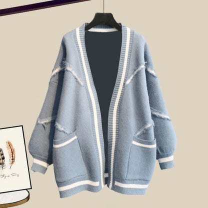 Denim Cardigan Sweater Lapel Shirt Pants Blue Letter Set