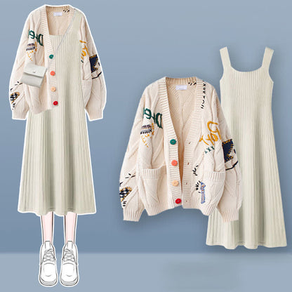 Sweater Set Colorful Embroidery Dress Slip Cardigan