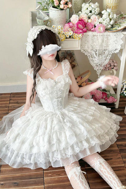 White Broken Wings Rebirth Sleeveless Multi-Layered Ruffle Bow Lace-Up Gothic Ballet Lolita Jsk Dress