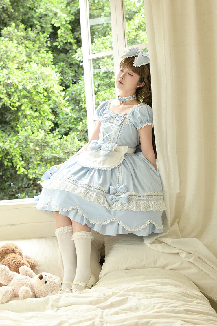 Square-Neck Cotton Dress with Double Ruffle Lace and Lacing