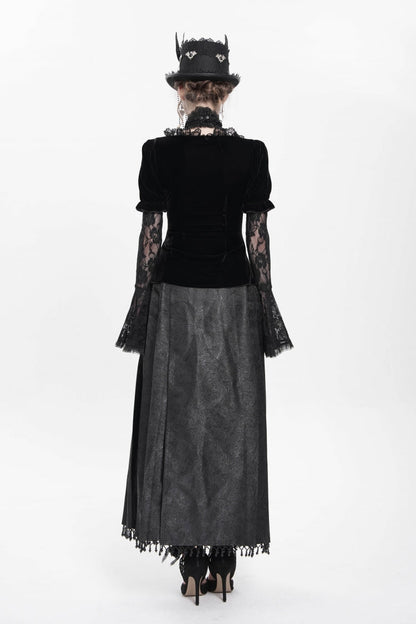 Faux Two-Piece Velvet Blouse with Eyelet and Pleats