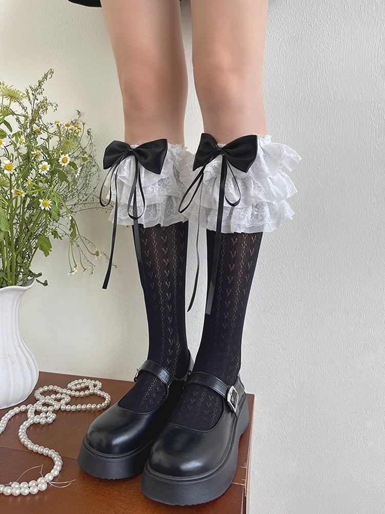 White/Black Bowknot Heart Print Lace Ruffle Trims Underknee Stockings