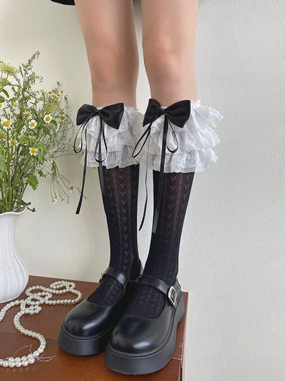 White/Black Bowknot Heart Print Lace Ruffle Trims Underknee Stockings