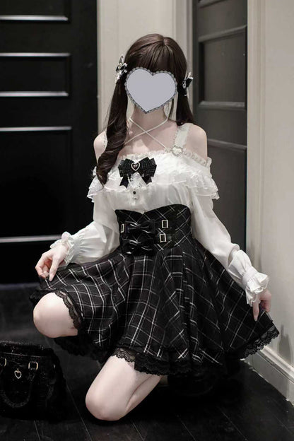 Black Plaid Bow Sweet Japanese Skirt