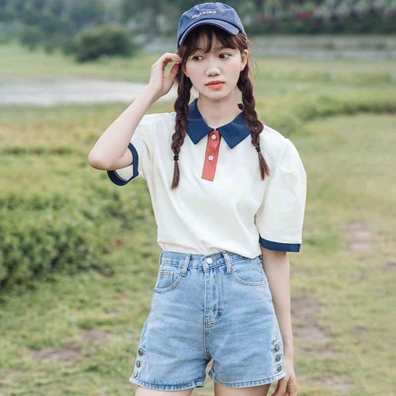 Lapel Shorts T-Shirt Colorblock Denim Belted