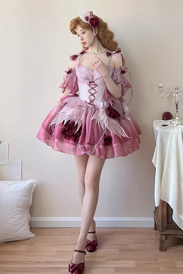 Plum Red Sweet Ballet Lolita Swan Wonderland Embroidery Lace-Up Mini JSK Dress