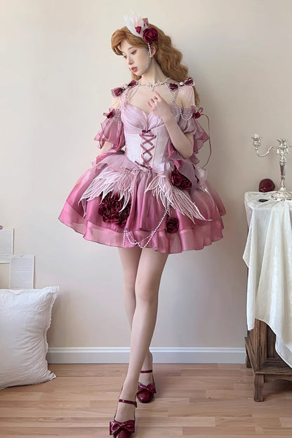 Plum Red Sweet Ballet Lolita Swan Wonderland Embroidery Lace-Up Mini JSK Dress