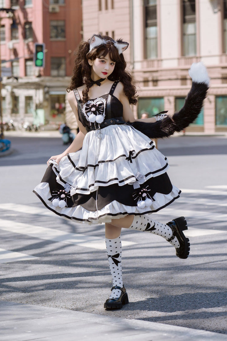 Black/White Sweet Lolita Triple-Layered Ruffle Bowknot JSK Dress