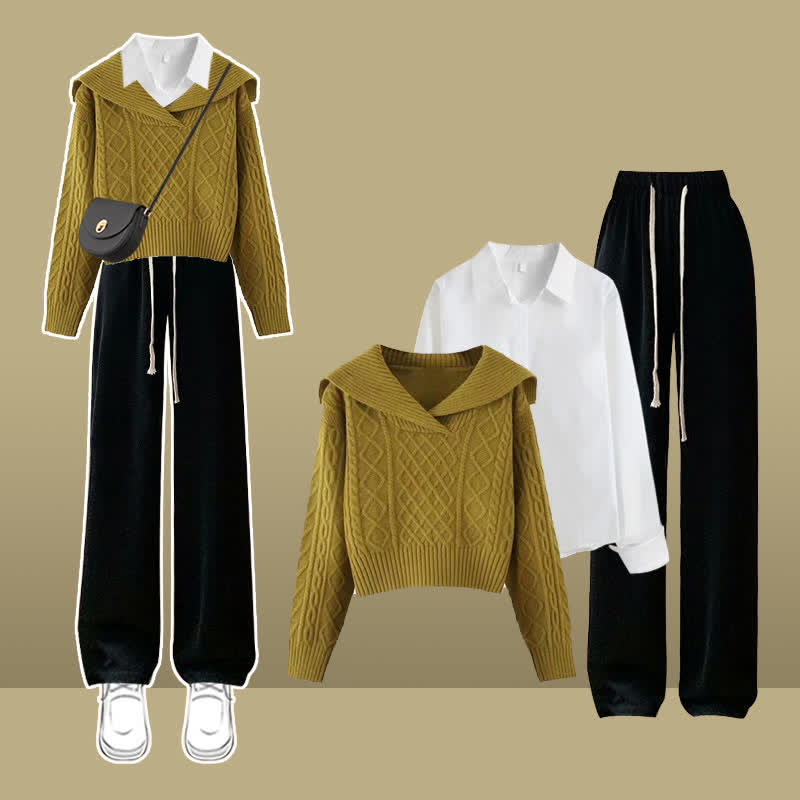 Lapel Cable Knit Sweater Shirt Draw String Casual Pants