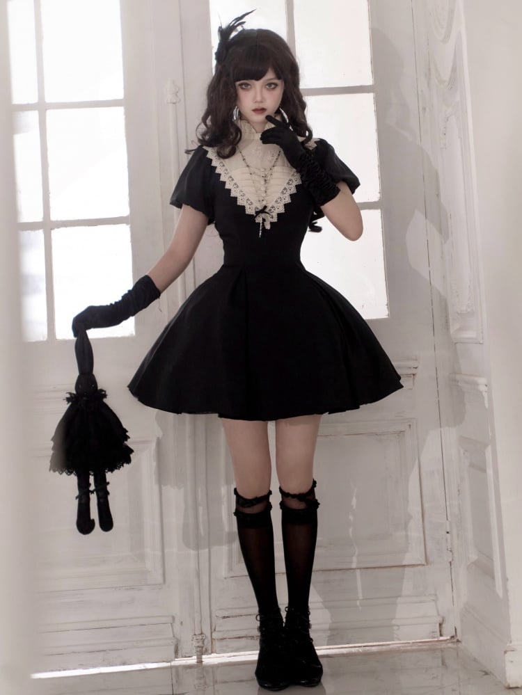 Black Beige Ruffle Banded Collar Lolita Short Dress