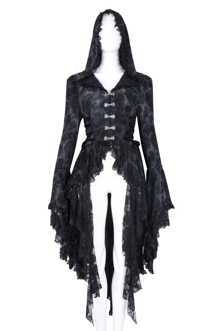 Hooded Ripped Jacket with Multi-Layer Lace Embroidery
