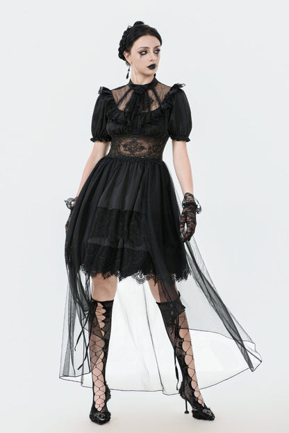 Inky Puff Sleeve High-Low Multi-Tiered Chiffon Gown - Gothic Wedding