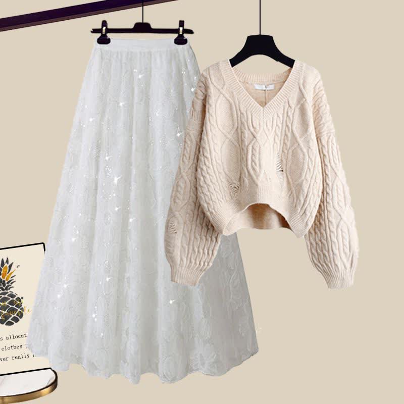 Chic Cable Knit Sweater Flower Pattern Tulle Skirt