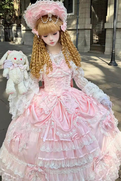 Rose Curtain Ode Tiered Ruffle Bride Open Front Bow Lace Corset Sweet Long JSK Dress