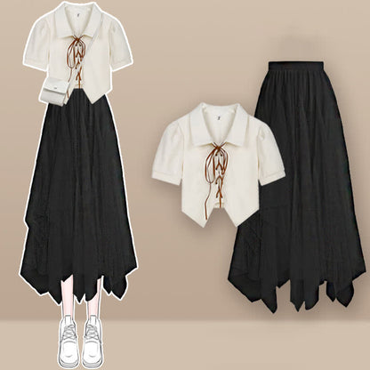 Tulle White Up T-Shirt Lace Skirt Irregular Polo