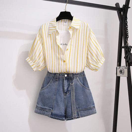 T-Shirt Stripe Pieces Denim Fake Pocketed Shorts Two Lapel